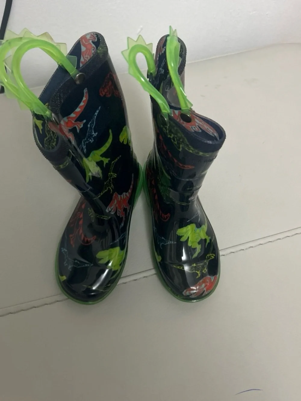 Western Chief Black Rain Boots with Neon Green Dinosaur Handles